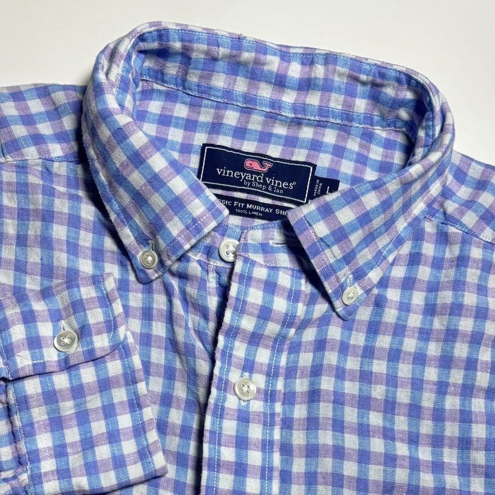 Vineyard Vines Classic Fit‎ Linen Murray Shirt Mens L Blue Purple Plaid Whale